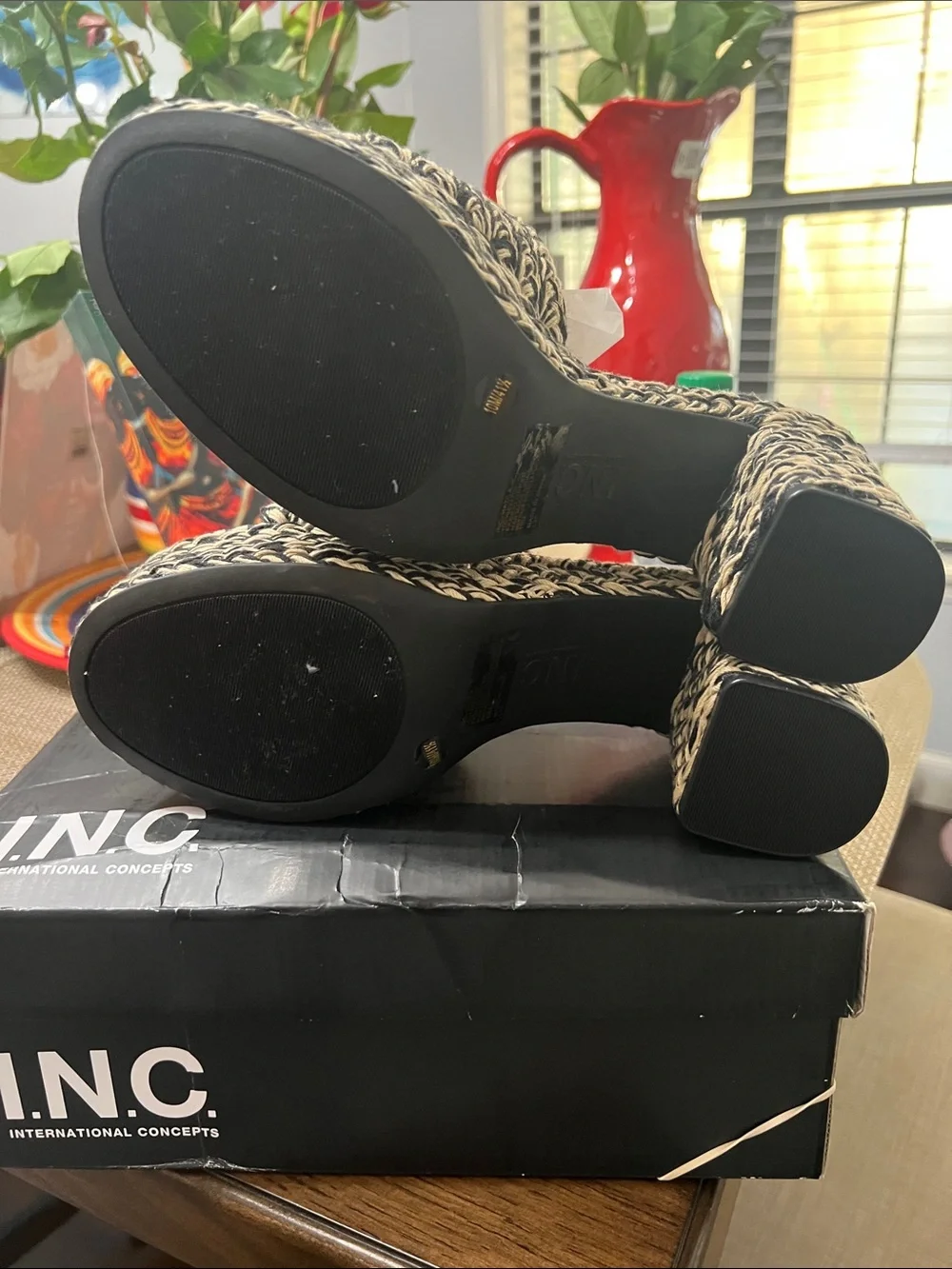 INC International Concepts Black and Cream Braided Platform Mules